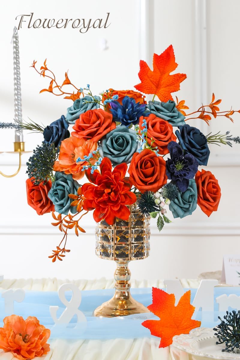 Floweroyal Artificial Flowers Combo Orange Flowers Mix Silk Flowers Dahlia Roses with Stems for DIY Wedding Bridal Bouquets, Baby Shower, Floral Arrangement, Table Centerpieces, Home Decorations.