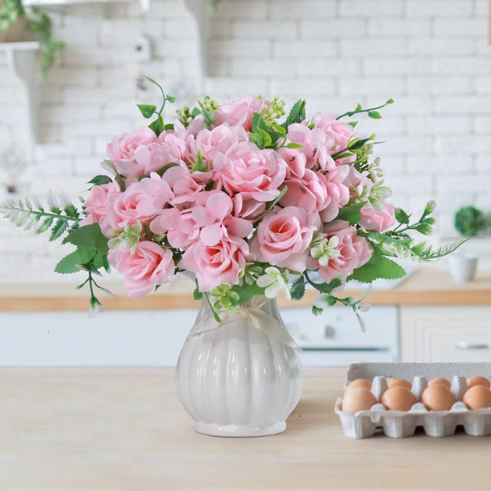 LESING Artificial Rose Silk Hydrangea Flowers Bouquets with Vase Rustic Fake Flowers for Home Decoration Table Centerpiece (Pink)