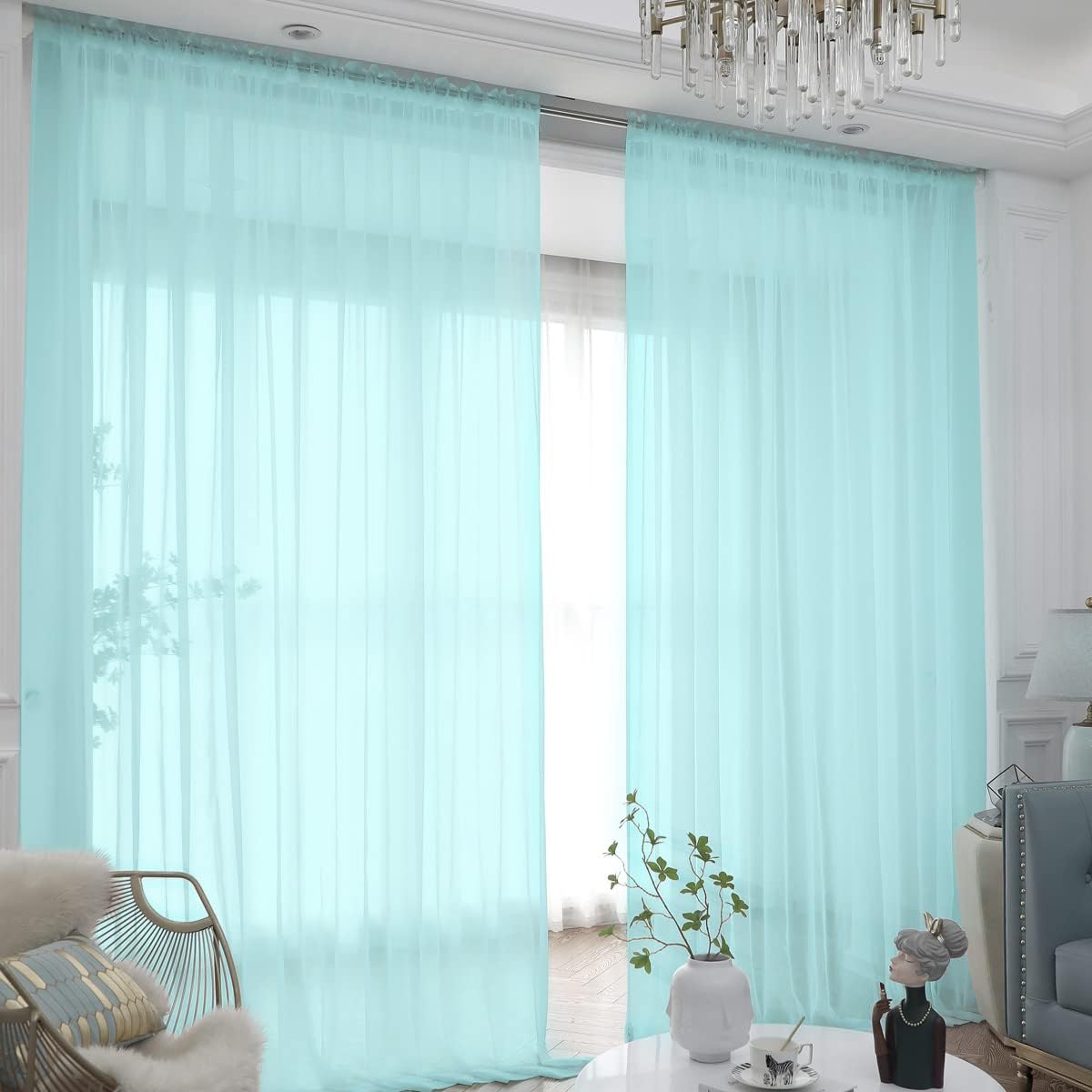 Window Lake Blue Sheer Curtains 95 Inches Long 2 Panels Sheer Curtain Basic Rod Pocket Panel for Bedroom Children Living Room Yard Kitchen (Lake Blue, 52" W x 95" L | 2 pcs)