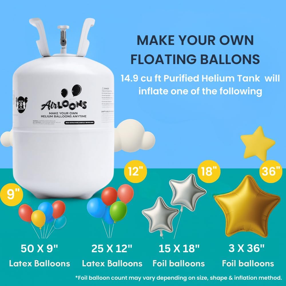 Airloons Helium Balloon Kit with 3 Pack 14.9 Cu Ft Tank - Includes 150 Multicolor 9 in Latex Balloons, Ribbon & Easy to Fill Nozzle - Easy Setup for Birthdays, Weddings, Baby Showers, DIY Party Décor