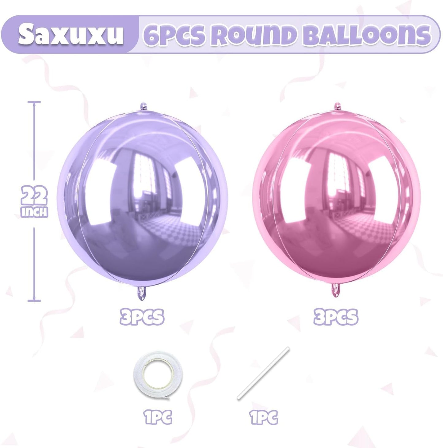 Pink Purple Giant 4D Foil Balloons, 6 Pcs Large Metallic Pink and Purple Round Balloons, 22 Inch Big Round Foil Balloon for Wedding Prom Birthday Party Baby Shower Decorations