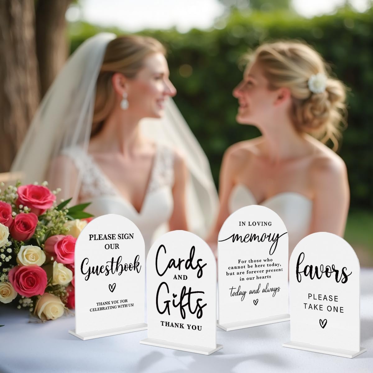 4 Pcs Acrylic Wedding Signs for Ceremony and Reception, Bridal Shower Decorations, Cards and Gifts Signs, Guest Book Sign, Arch Acrylic Table Top Sign with Holder for Wedding Reception (White)