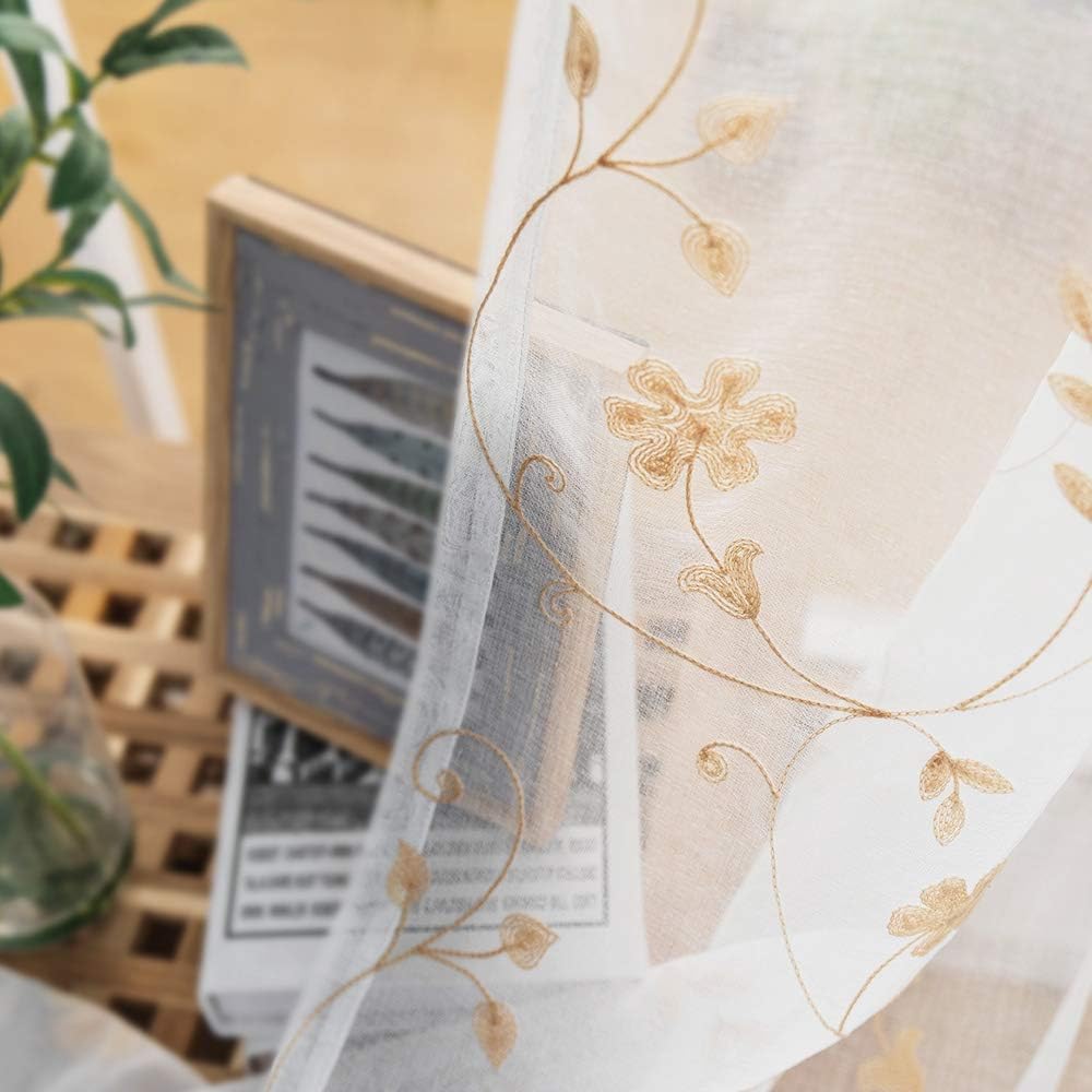 Embroidery Sheer Curtains Gold 63 Inch Length, Rod Pocket Voile Drapes for Living room, Bedroom, Window Treatments Semi Crinkle Curtain Panels for Yard, Patio, Villa, Parlor, Set of 2, 52"x 63".
