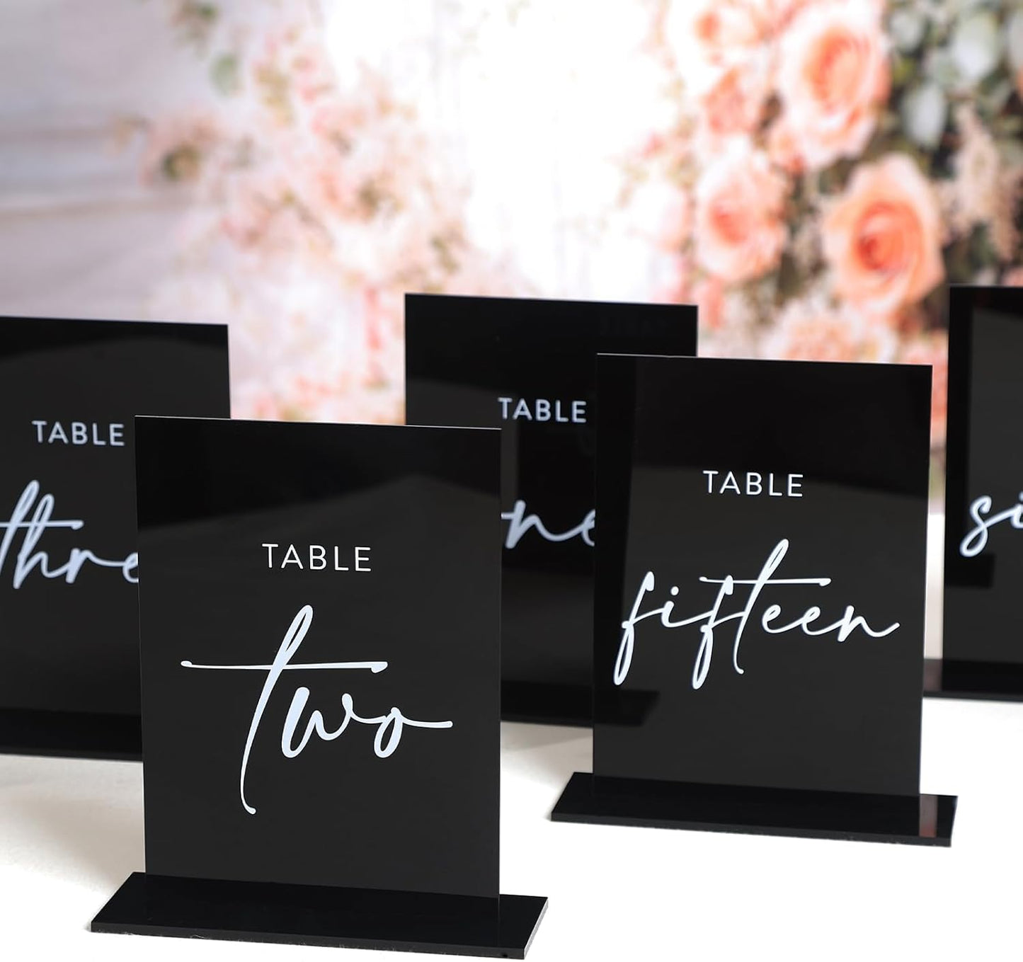 UNIQOOO Black Wedding Double Sided Table Numbers with Stands 1-15 set, 5x7'' Acrylic Signs with Holders and Printed Calligraphy, Seat Display Wedding Decor Perfect for Centerpiece, Reception