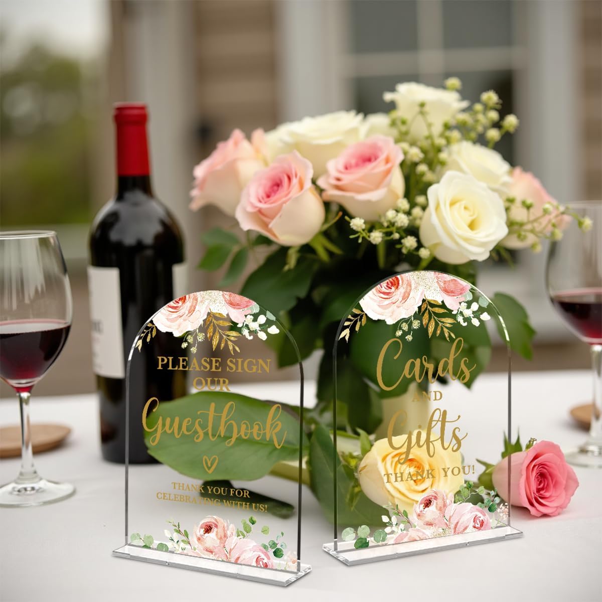 2 Pcs Acrylic Wedding Signs for Reception, Bridal Shower Decorations, Cards and Gifts Signs, Guest Book Sign, Arch Acrylic Table Top Sign with Holder for Wedding Reception (Clear Pink Flowers)