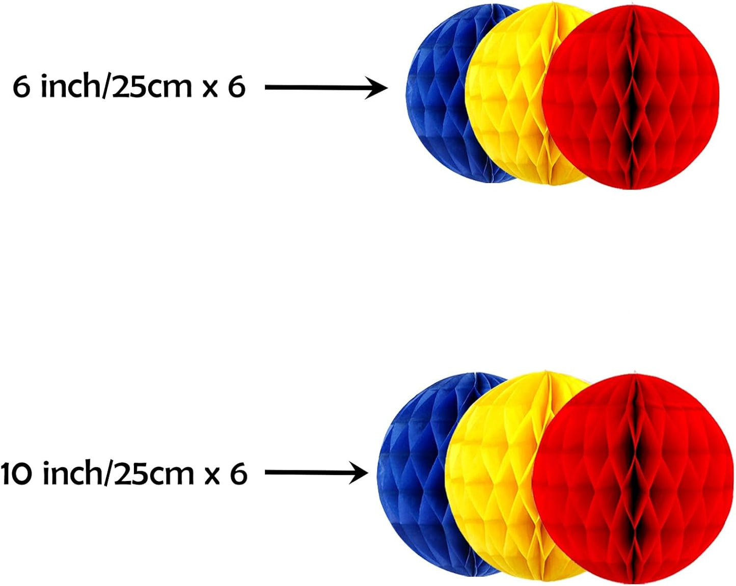 ZOOYOO 12Pcs 6" 10" Honeycomb Balls Decorations Hanging Tissue Paper Pom Poms for Kids Birthday,Party Decorations(Blue Red Yellow)