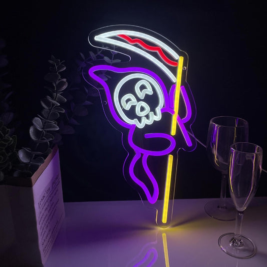 Grim Reaper Neon Sign Halloween, USB Halloween Neon LED Light for Wall Decor, Grim Reaper Ghost Halloween Sign Decorations for Home Bar Salon Coffee Stores Porch Front Door