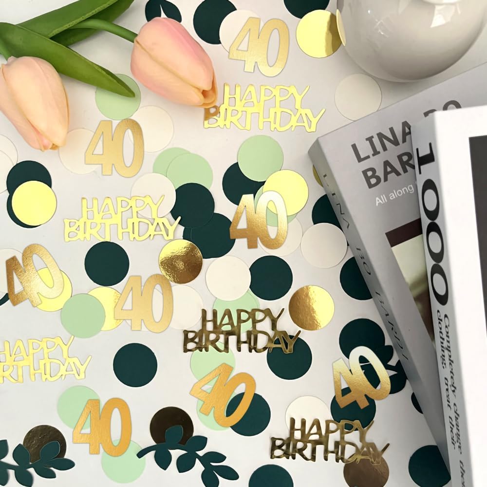 Sage Green 40th Happy Birthday Confetti, 40th Birthday Table Decorations Scatter Green Gold Foil Cake Confetti Decorations for 40 Bday Woman Man Party Decor 230 Pcs