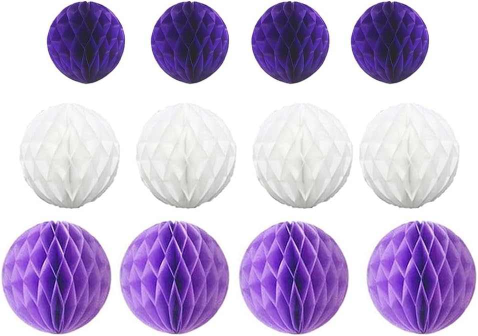 12pcs Party Honeycomb Balls Decorations 3'' 6'' 8'' Honeycomb Flower Tissue Pom Poms Flower Balls Hanging Flower Balls for Baby Shower Birthday Wedding Nursery Decor(3'' 6'' 8''Purple kit)