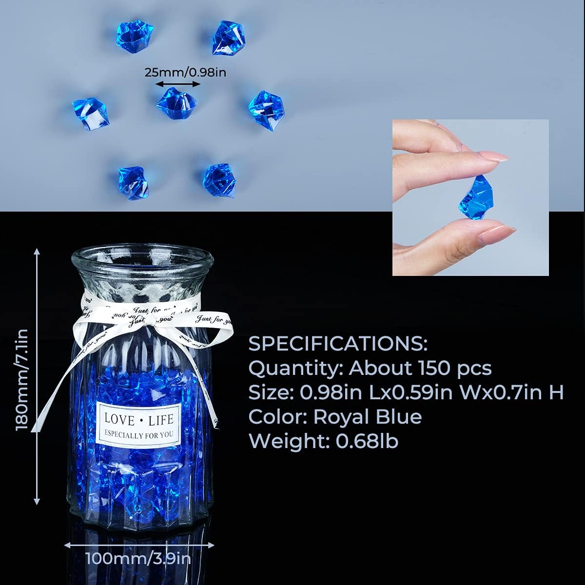 Babenest Acrylic Crushed Ice Rocks, 150 PCS Fake Crystals Plastic Ice Cubes Diamonds Gems for Vase Fillers, Home Decoration, Table Scatter, Event, Wedding, Arts & Crafts (Royal Blue)