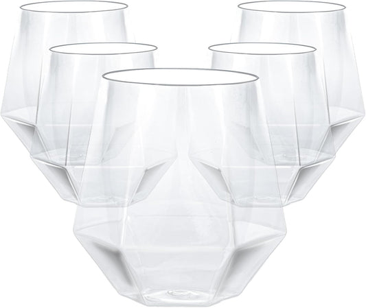 Goodluck 40 PCS Diamond Stemless Plastic Wine Whiskey Glasses, 12 Oz Disposable Cocktail Glasses, Suitable for Weddings, Birthday Parties, Family Gatherings, Bars, etc (Clear)