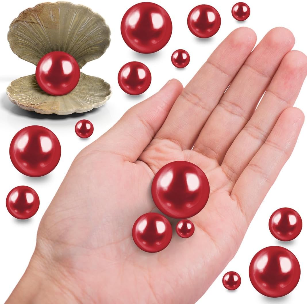 300Pcs Red Polished No Hole Faux Pearl Beads for Vase Filling Decorations, Plastic Pearls Vase Fillers, Table Scatters, Wedding Centerpiece, Home Decor, 8/14/20 mm