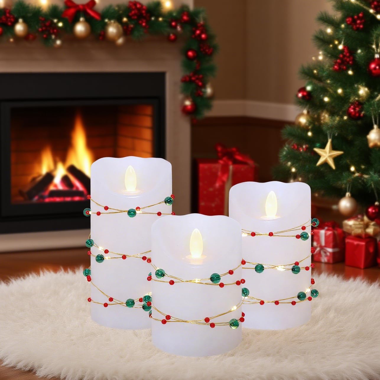 Christmas Flameless Candles with Red Green Beads String Lights - Real Wax Christmas Decor Battery Operated Candles with Remote & Timer- Home Party Bedroom Holiday Xmas Decorations - Set of 3