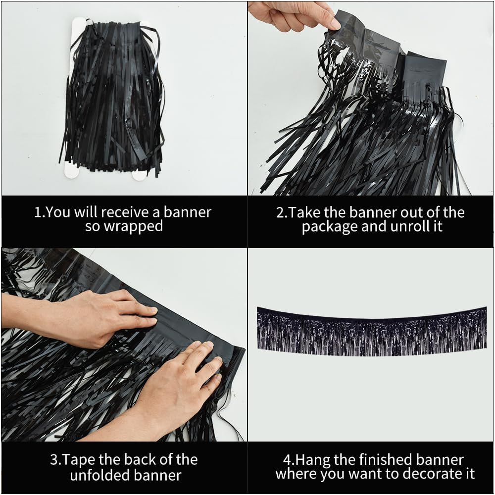 BEISHIDA 3 Packs Metallic Foil Fringe Garland Black Wall Hanging Tinsel Fringe Banners for Car Floats Halloween Bridal Shower Wedding Birthday Easter Graduation Holiday Party Decoration(30 Feet)