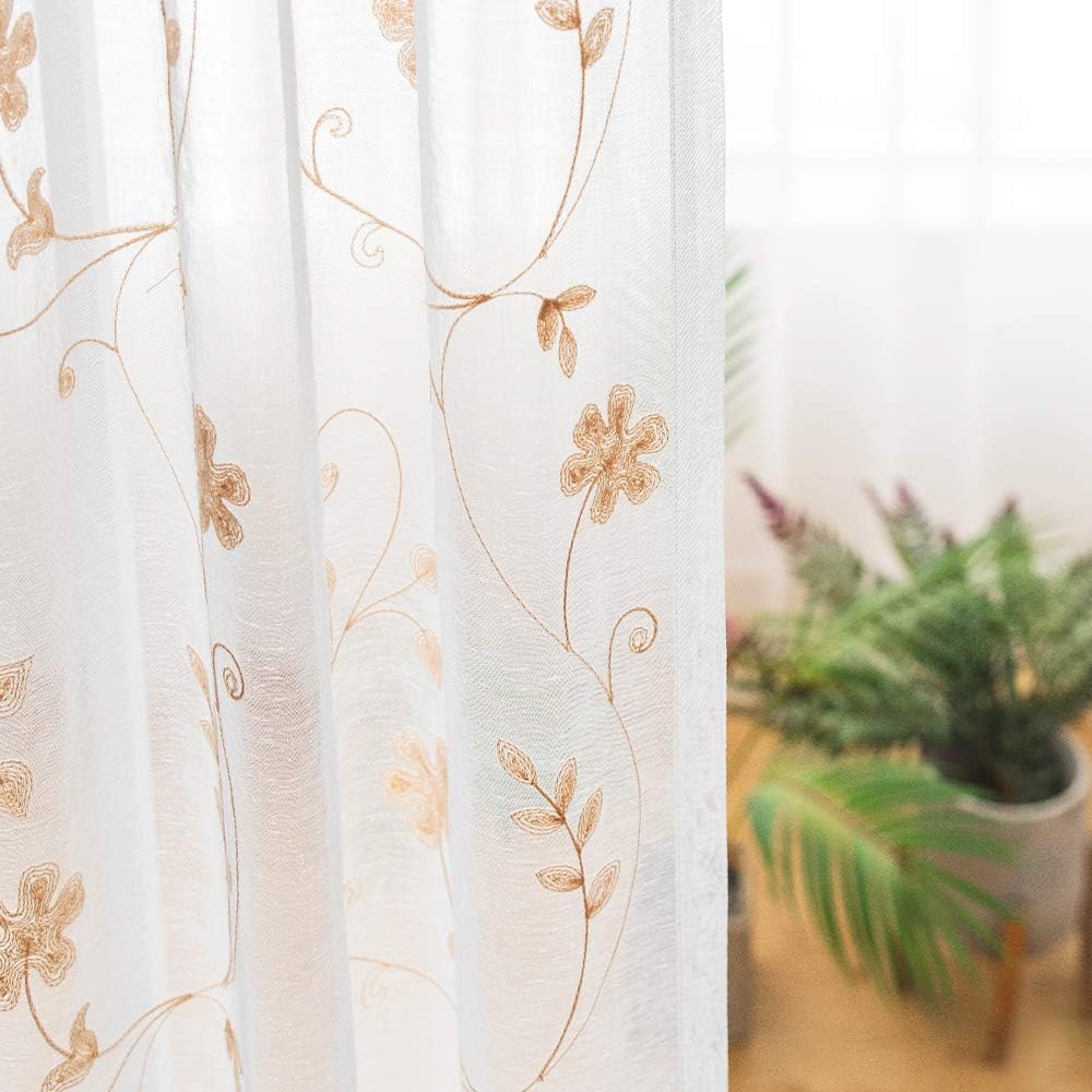 Sheer Curtains Gold 45 Inch Length,Floral Embroidered Rod Pocket Voile Drapes for Living room, Bedroom, Window Treatments Semi Curtain Panels for Yard, Patio, Villa, Parlor, Set of 2, 52"x 45".