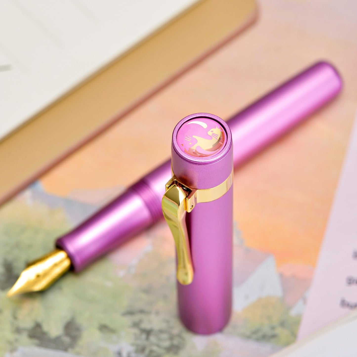 Hongdian M2 Black Forest Mini Fountain Pen, Medium Soft Golden Nib & Sleek Shape Aluminium Short Pocket Travel Pen (Lilac Purple)