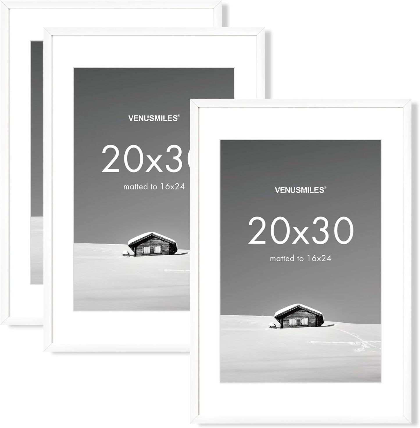 20x30 inch Picture Frame, 20x30 Photo Frames with 16x24 Removable Mat - High Definition Plexiglass - Vertical and Horizontal Display - Wall Hanging Poster Frame - White, 3 Pack