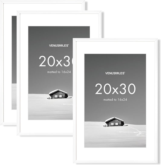 20x30 inch Picture Frame, 20x30 Photo Frames with 16x24 Removable Mat - High Definition Plexiglass - Vertical and Horizontal Display - Wall Hanging Poster Frame - White, 3 Pack