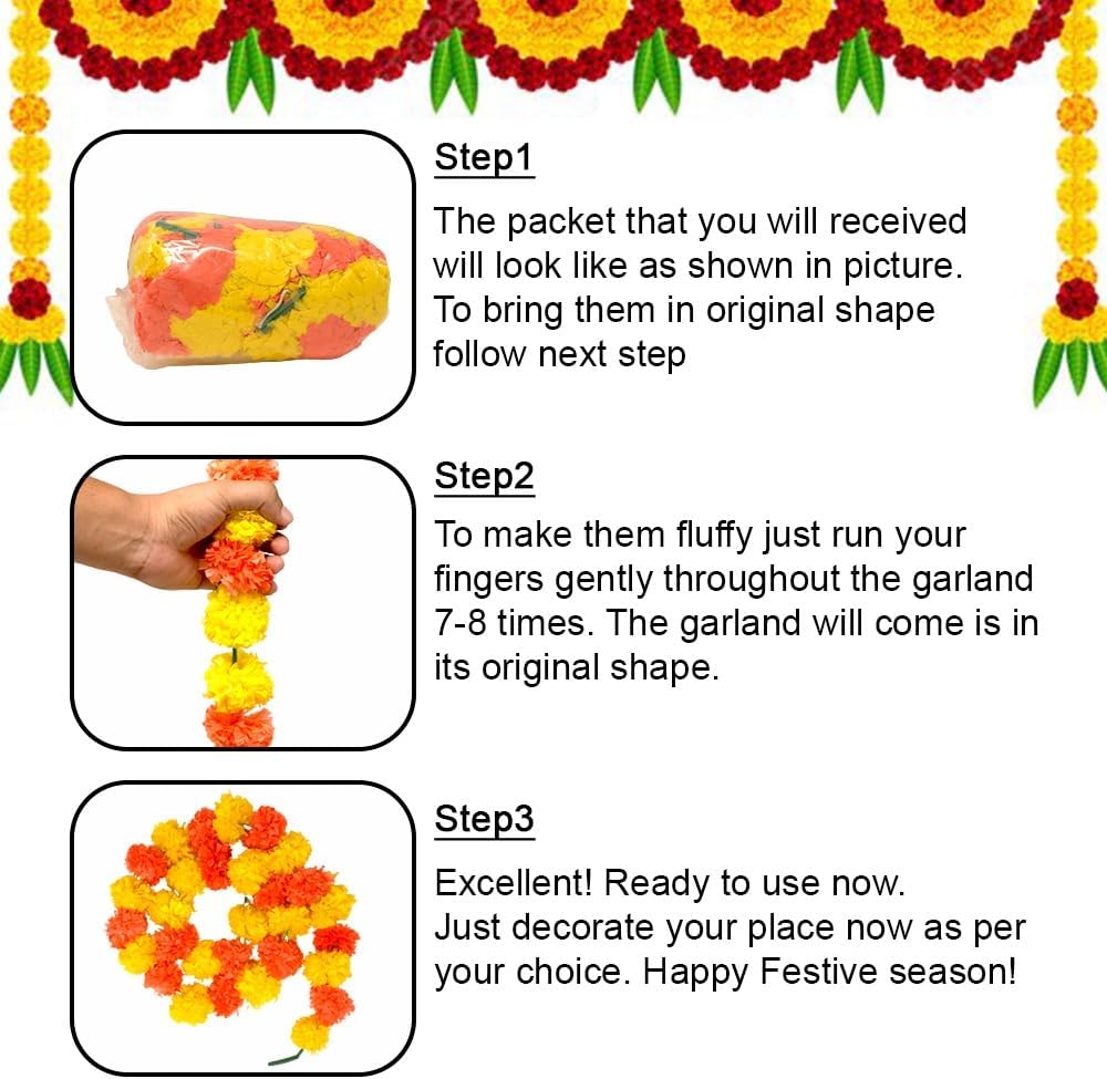 Marigold Garlands for Decorations Pack of 5 - Artificial Marigold Flowers for Decorations -Indian Decor for Pooja, Indian Flower Garland (Yellow Orange Combination | 4 to 4.5 Ft) Hashcart®