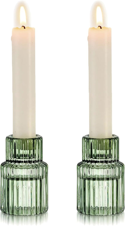 Hewory Glass Taper Candle Holders: 2PCS Green Vintage Candle Holder Candlestick Holders Bulk, Ribbed Glass Candle Holder Candle Sticks Holder Decor for Table Centerpiece Wedding Christmas Home Decor