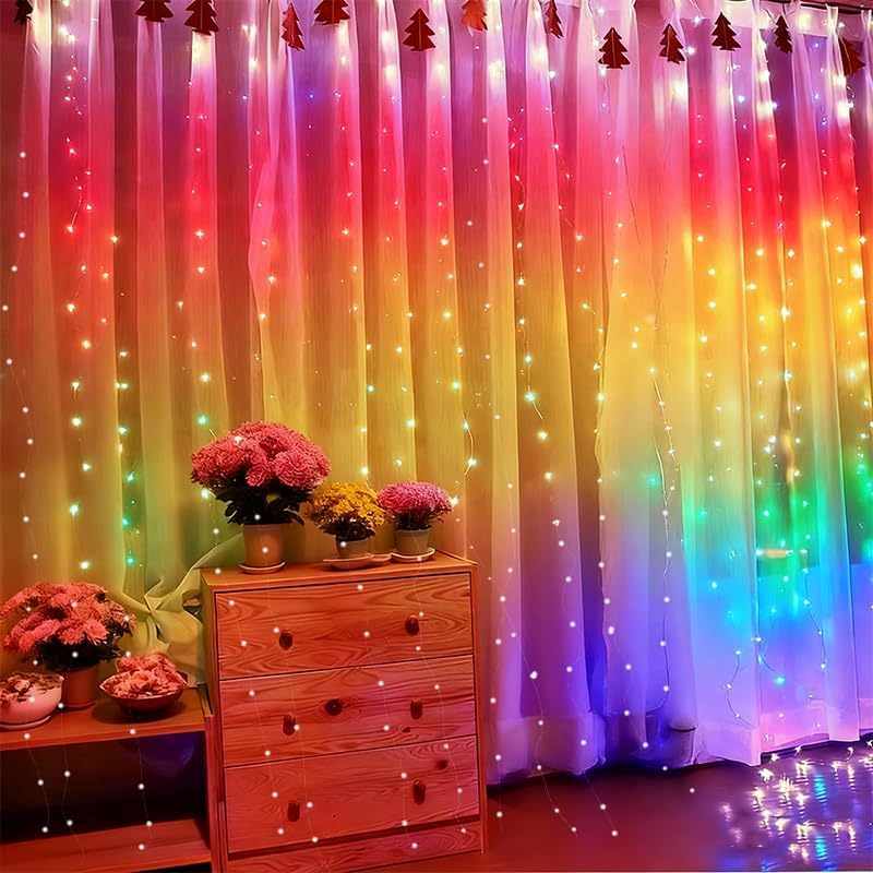 300LED Fairy Curtain Lights, 9.8x9.8Ft Warm White USB Plug in 8 Modes & Timer Christmas String Hanging Lights with Remote for Bedroom Indoor Outdoor Weddings Party Wall Decorations(rainbow)