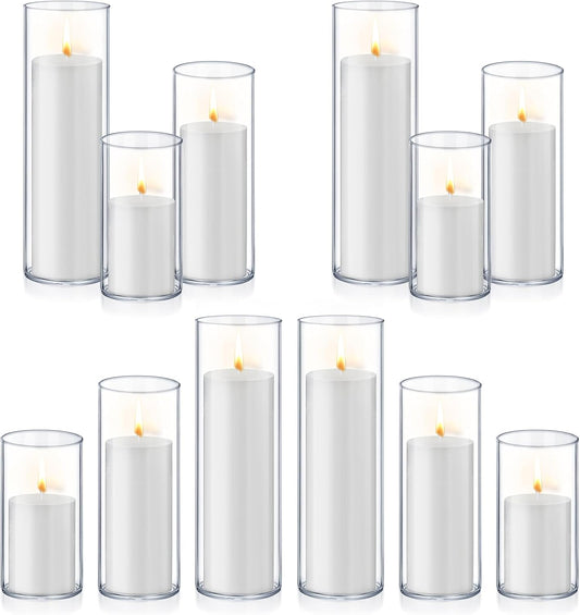 24 PCS White Pillar Candles with Glass Candle Holders Clear Hurricane Candle Holders Glass Cylinder Vases for Centerpieces Wedding Party, Event, Home Office (12 Candles+12 Candle Hoders)