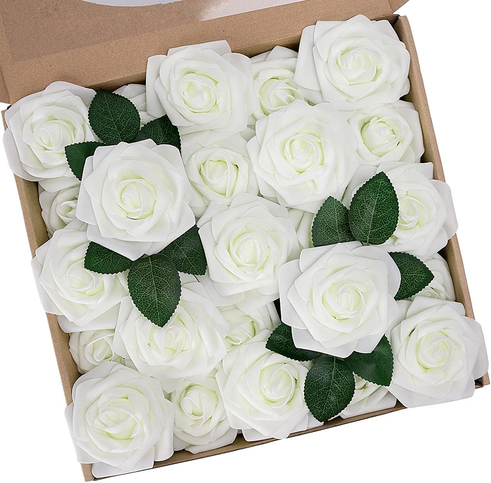 N&T NIETING Artificial Flowers, 25Pcs Fake Flowers Roses Perfect for DIY Wedding Bouquets Centerpieces Bridal Shower Party Home Flower Arrangement Decorations, Ivory