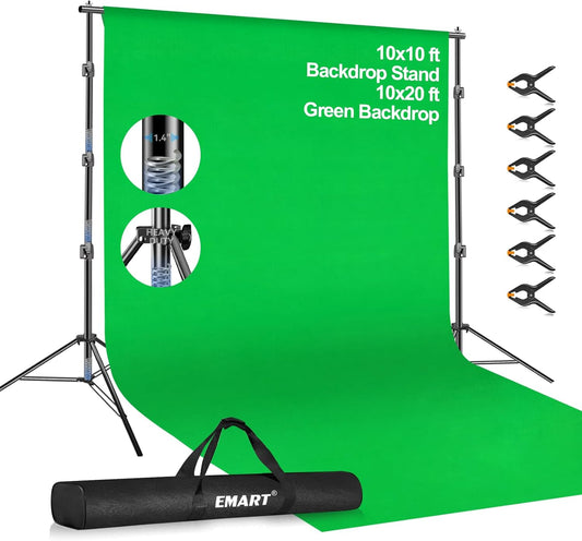 EMART Photo Video Studio 10 x 10ft Green Screen Backdrop Stand Kit, Photography Background Support System with 10 x20ft Muslin Chromakey Curtain for Photography Shooting