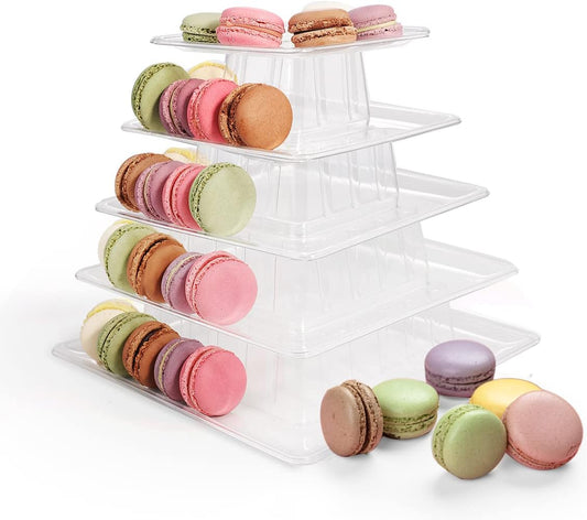 5 Tiers Square Macaron Tower Stand, Plastic Transparent Cake Stand Macaroon Display Rack Desserts Cupcake Holder Platter for Wedding, Birthday Party, Baby Shower, Party Decor