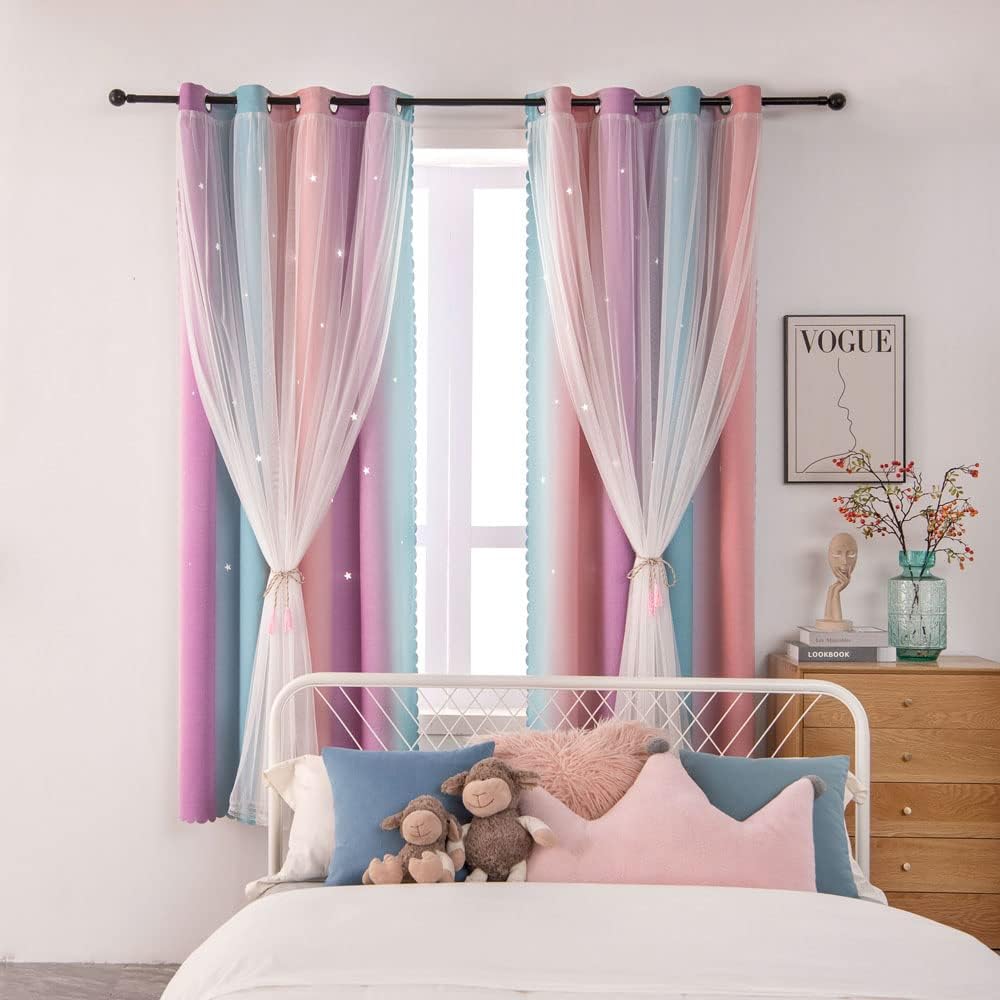 FANLI Ombre Rainbow Blackout Curtains for Kid Girls Bedroom Living Room Darking Stripe Double Layer Star Cut Out Wall Home Decor Gradient Grommet Window Curtains (Pink Purple, 52W x 84L)