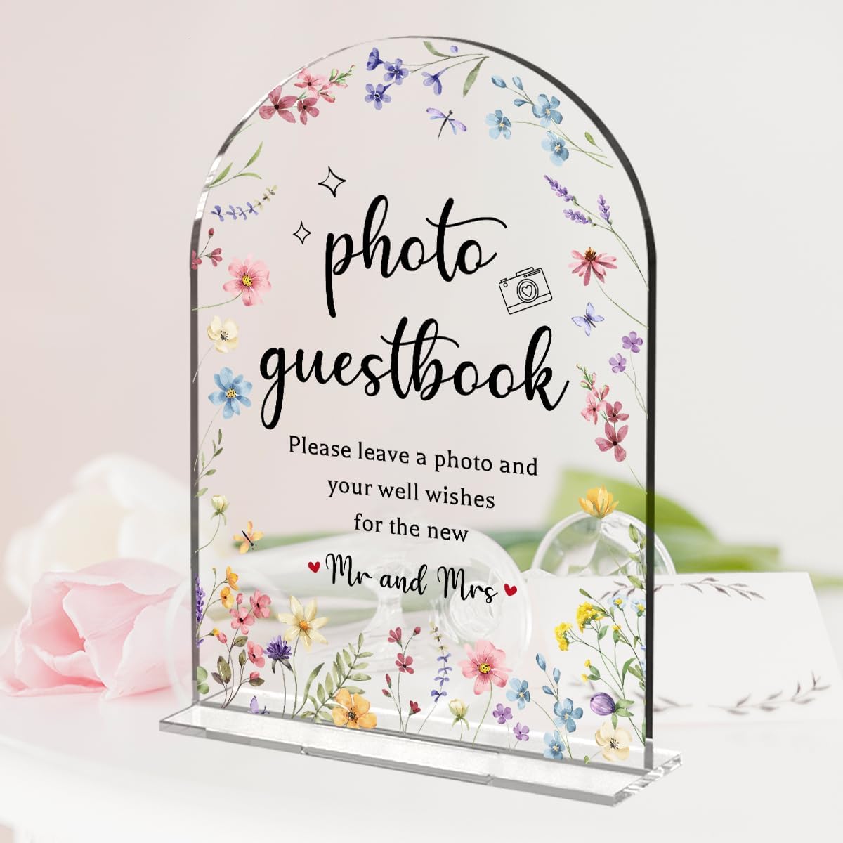 Wedding Sign Decor, Photo Guest Book Sign, Arch Acrylic Wedding Sign for Reception & Event, Bridal Shower Decorations, Wedding Table Sign Accessories for Anniversary And Event 5x7 Inch (Flower)