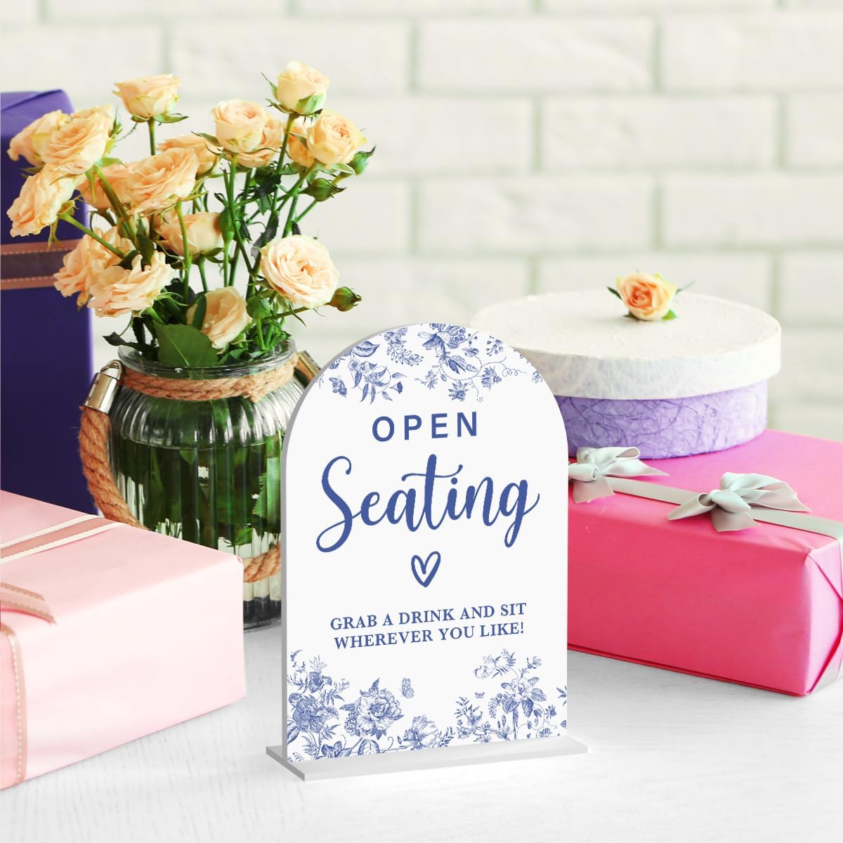 Acrylic Wedding Signs, Dusty Blue Wedding Decor, Blue Weddings Decor, Open Seating Signs for Reception, Modern Calligraphy Arch Acrylic Table Top Sign for Weddings Parties Dinners (White)