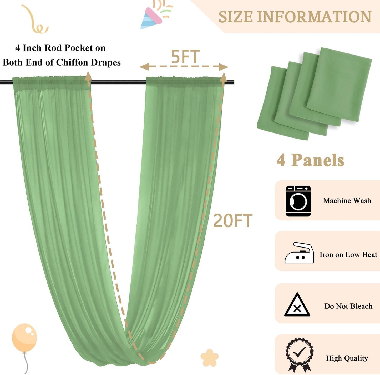 MODFUNS Sage Green Wedding Arch Draping Fabric 5x20ft 4 Panels Sheer Ceiling Curtain Chiffon Swag Curtain Romantic Tulle Arbor Draping for Party Banquet Hall Decoration