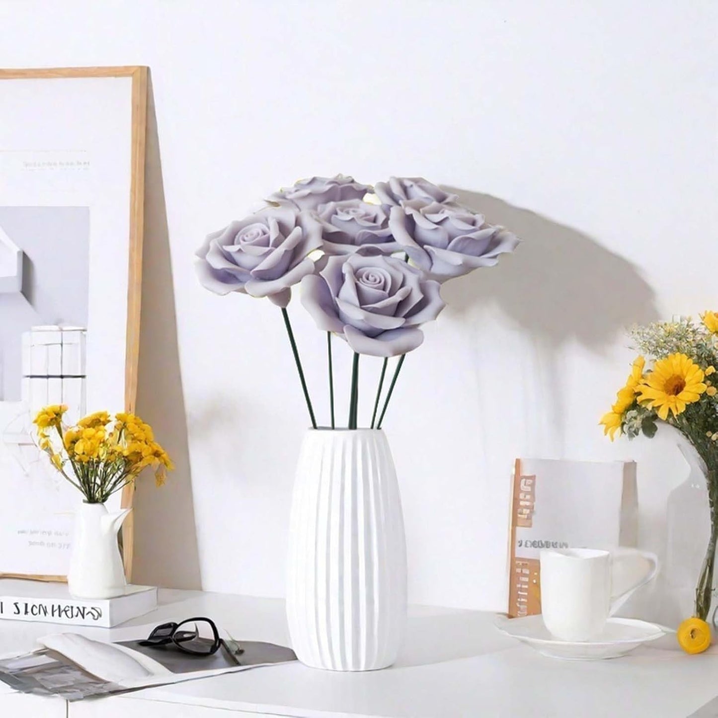 6 pcs Handmade Ceramic Roses,Featuring Vibrant Colors and Intricate Petal Details Floral Decorations Wedding Decoration Christmas Decor Gift Providing Long-Lasting Beauty (Purple)