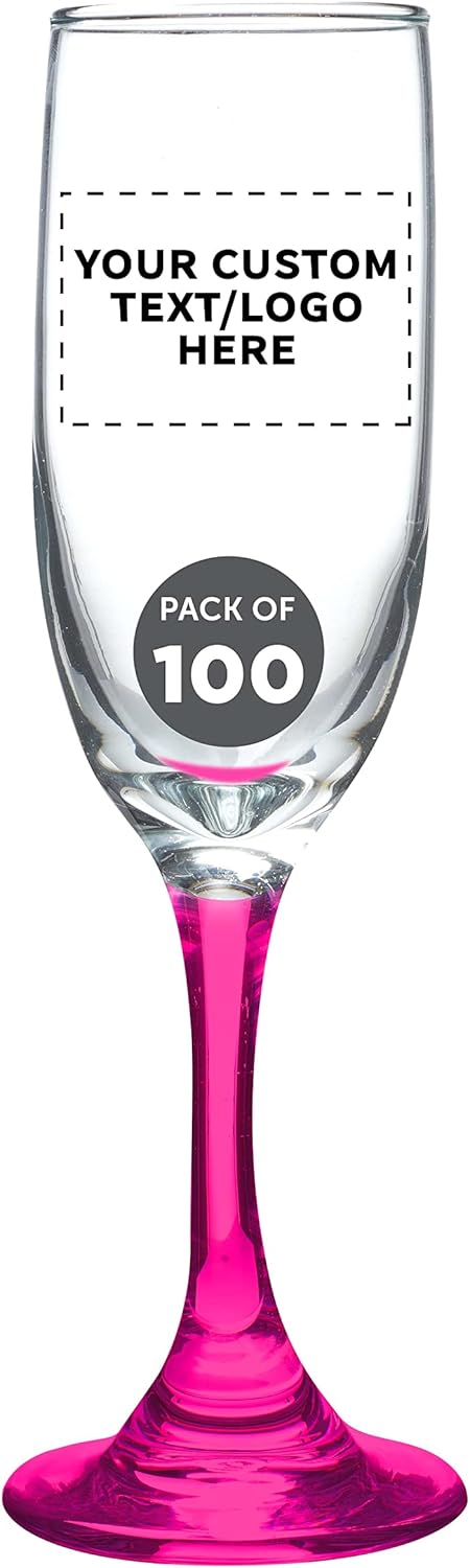 DISCOUNT PROMOS Custom Premiere Champagne Flutes 6.25 oz. Set of 100, Personalized Bulk Pack - Elegant Drinkware for Weddings, Events, & Promotional Gifts - Pink