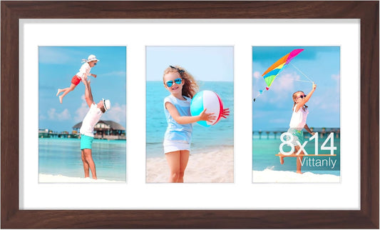 Vittanly 8x14 Picture Frames Collage, Displays 3Pcs 4x6 Pictures with Mat, Collage Picture Frame for Horizontal or Vertical Display, Brown, 1 Pack