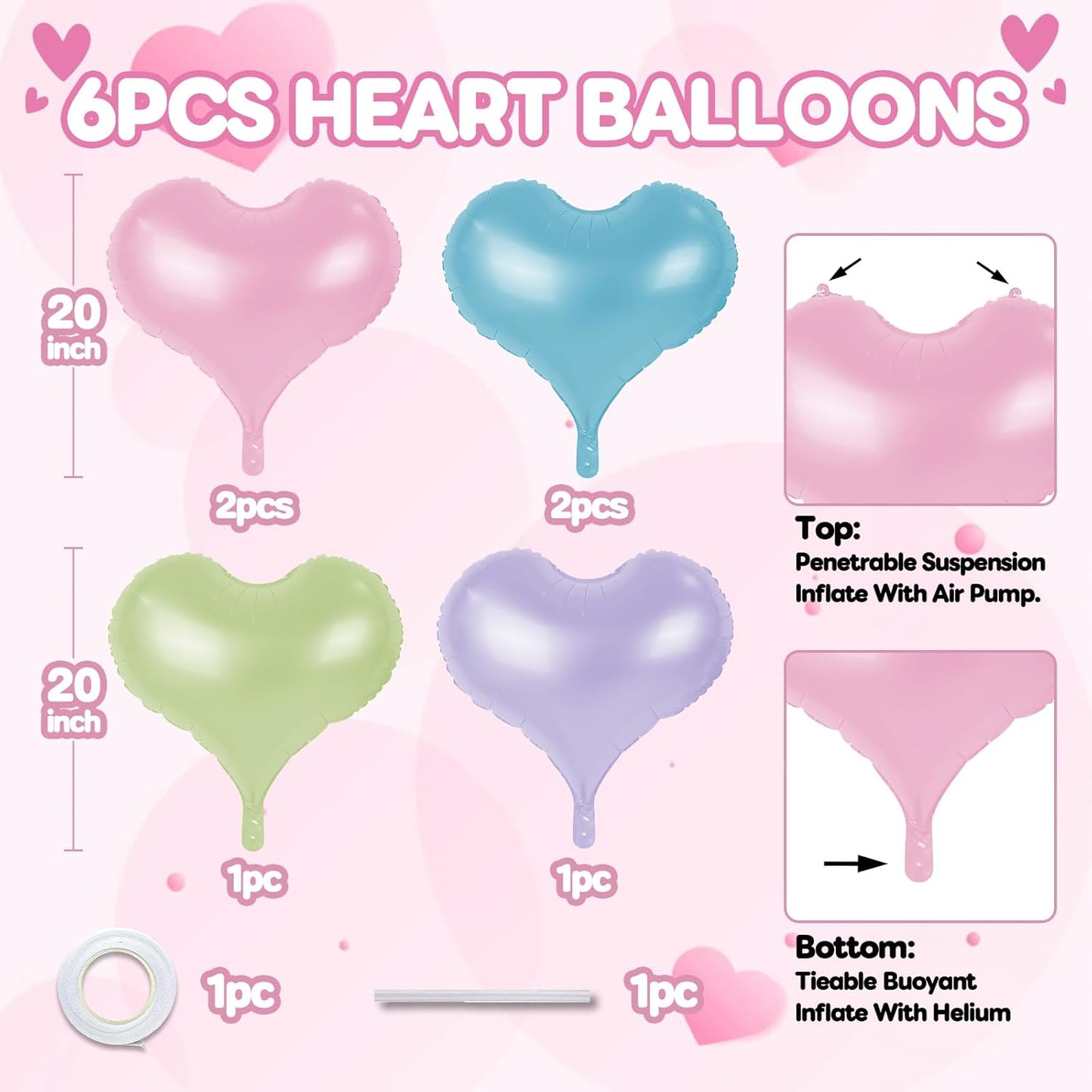 24 Inch Pastel Colorful Heart Balloons, Light Pink Blue Green Purple Balloons, Romantic Helium Balloon for Valentines Day Baby Bridal Shower Wedding Birthday Party Decorations