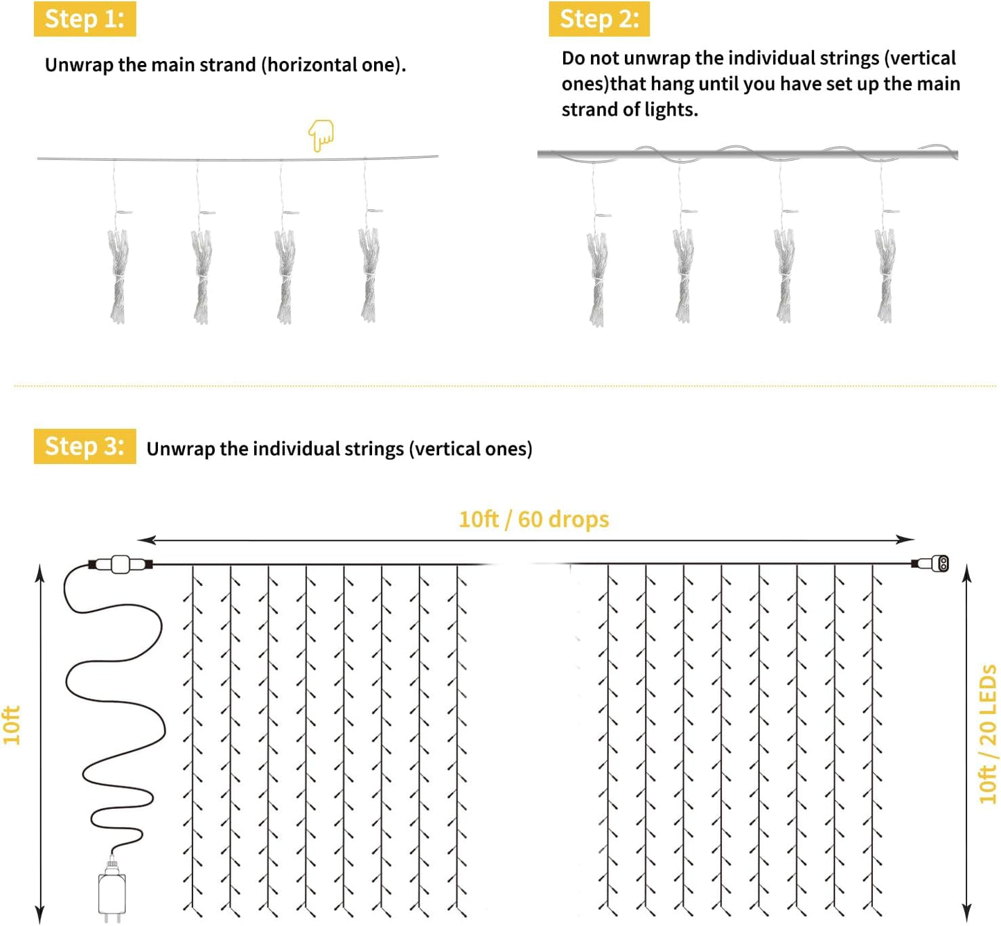 Brightown 1200 LED Curtain String Lights, 9.8 FT Hanging Fairy Lights with Remote, 8 Modes, Connectable Waterproof Window Lights for Bedroom Backdrop Wedding Outdoor Christmas Party, Warm White