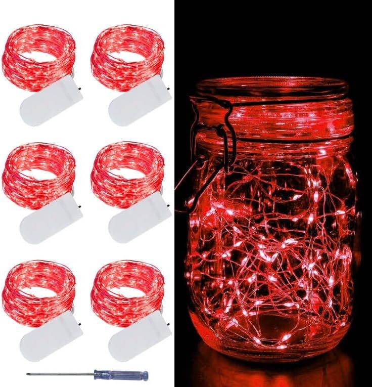LAMPHOME 6 Pack Fairy Lights Battery Operated String Lights 6.6ft 20 Led Mason Jar Lights Waterproof Silver Wire Light Fireflies DIY Party Wedding Christmas Decoration(6 Pack,RED)