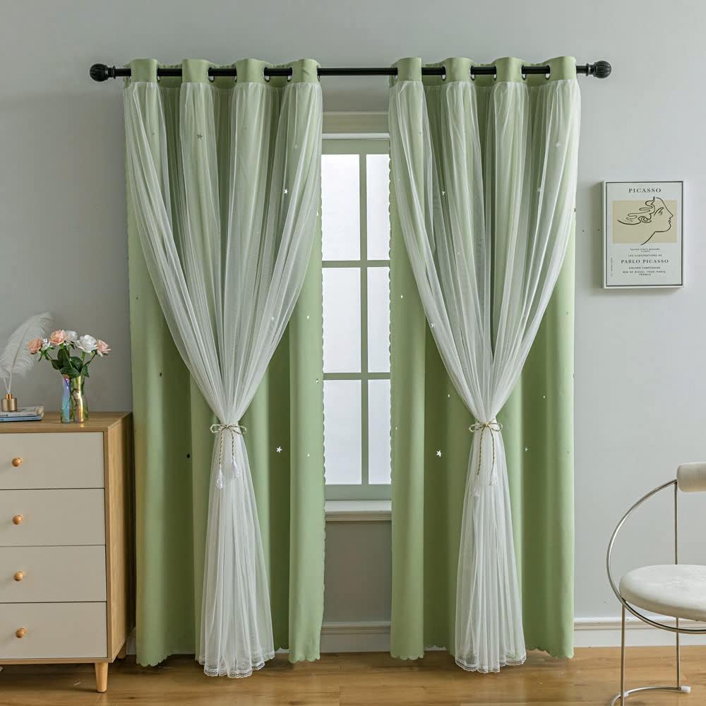 FANLI 2 Panels Star Blackout Curtains for Kid Girls Bedroom Living Room Darking Stripe Double Layer Star Cut Out Wall Home Decor Gradient Grommet Window Curtains (Green 63L)