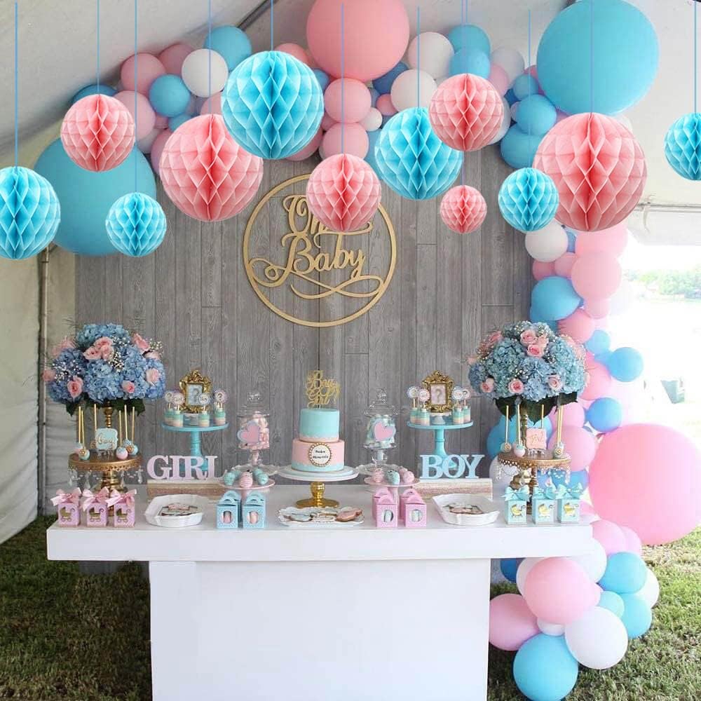 ZOOYOO 12Pcs 6" 10" Honeycomb Balls Decorations Hanging Tissue Paper Pom Poms for Gender Reveal,Baby Shower,Birthday Party,Baptism,Wedding,Nursery & Home Decor(Pink Blue)