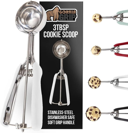 GORILLA GRIP Stainless Steel Multipurpose BPA-Free Spring Scoop, 3 TBSP, Melon Ballers, Cookie Dough Scoops, Perfect Portion Sizes, Easy Squeeze and Clean Release, Scooper Size 20, White