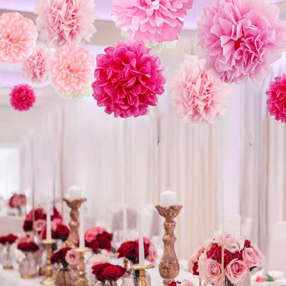 12pcs 10in 12in Pink Pack Paper Pom Poms Tissue Paper Party Pink Decor Flower Hanging Paper Flower Balls Wedding Party Flower Decorations DIY Art Craft Blooms for Birthday Baby Shower Nursery Decor