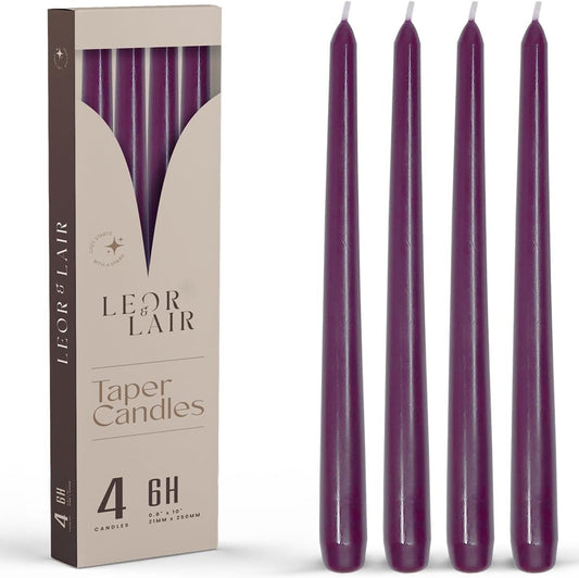 Leor & Lair Purple Taper Candles - 4 Pack 10" Purple Candlesticks - Unscented Long Burning Candle Sticks for Home Decoration, Dinner Table, Holidays, Weddings, Restaurants & Events