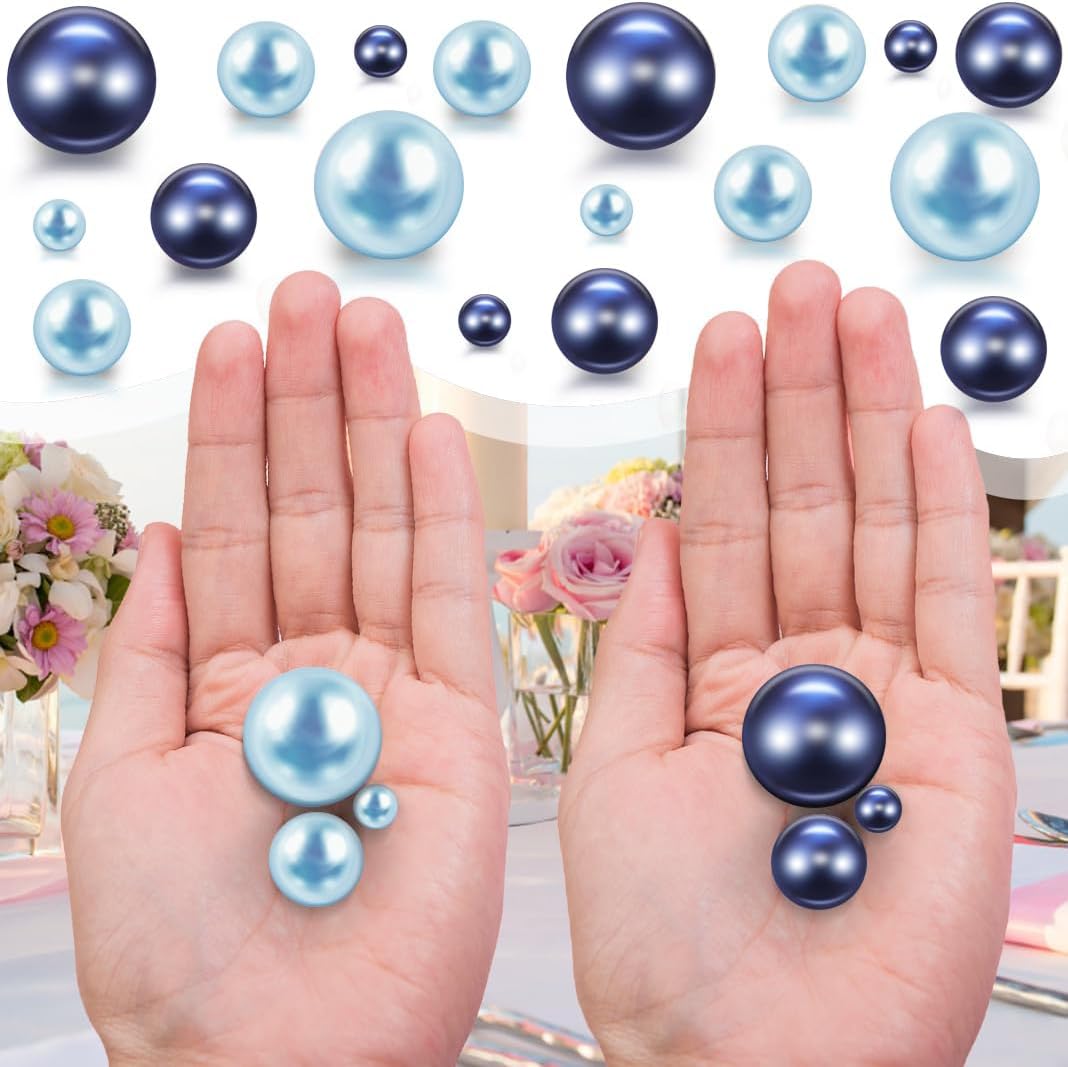 150Pcs Navy&Light Blue Polished No Hole Faux Pearl Beads for Vase Filling Decorations, Plastic Pearls Vase Fillers, Table Scatters, Wedding Centerpiece, Home Decor, 8/14/20 mm