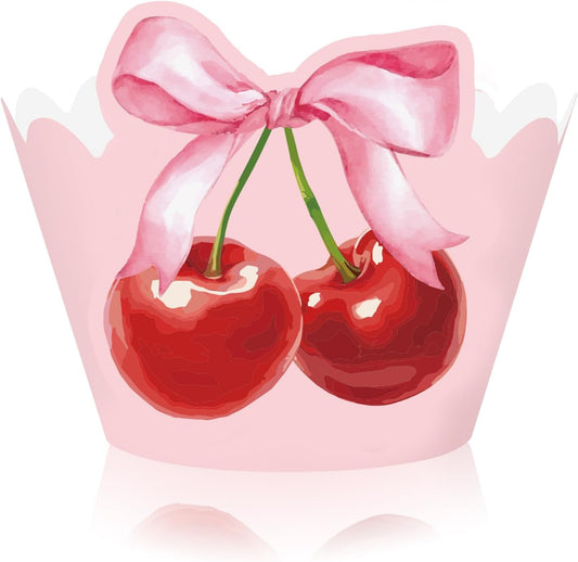 36Pcs Pink Bow Cherry Cupcake Wrappers Pink Red Bowknot Cherry Cupcake Liners Sweet Decorative Dessert Holders for Birthday Baby Shower