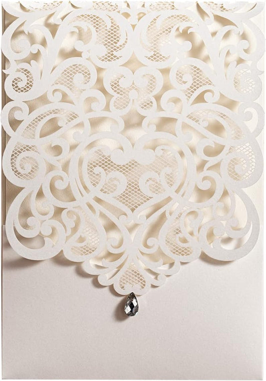 Hosmsua 50PCS Personalized Wedding Invitations Kit 5.12 x 7.3 Laser Cut Hollow Rose Rhinestone Pocket with Envelope for Wedding Quinceanera Invite (White Ivory)
