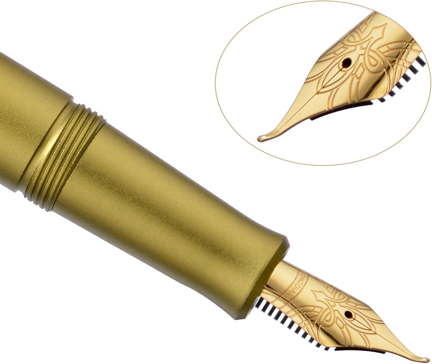 HONG DIAN M2 Black Forest Mini Fountain Pen, Bent Nib & Sleek Shape Aluminium Short Pocket Travel Pen (Olive Green)