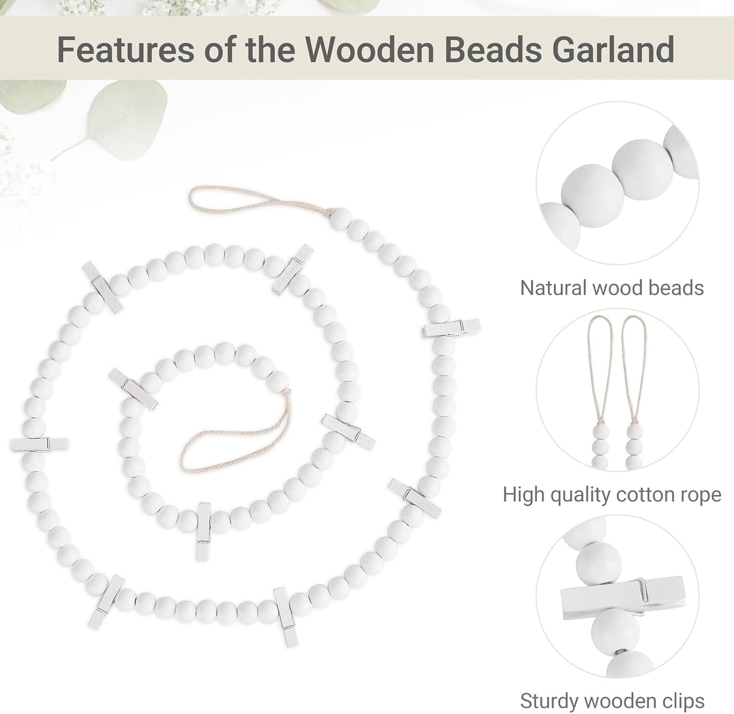 Mkono Hanging Photo Display with Clips, Boho Wooden Bead Garland Banner, Collage Card Picture Kids Art Holder String with 10 Clips for Christmas Bedroom Dorm Decor, Teen Girl Gifts, White, 2 Pack