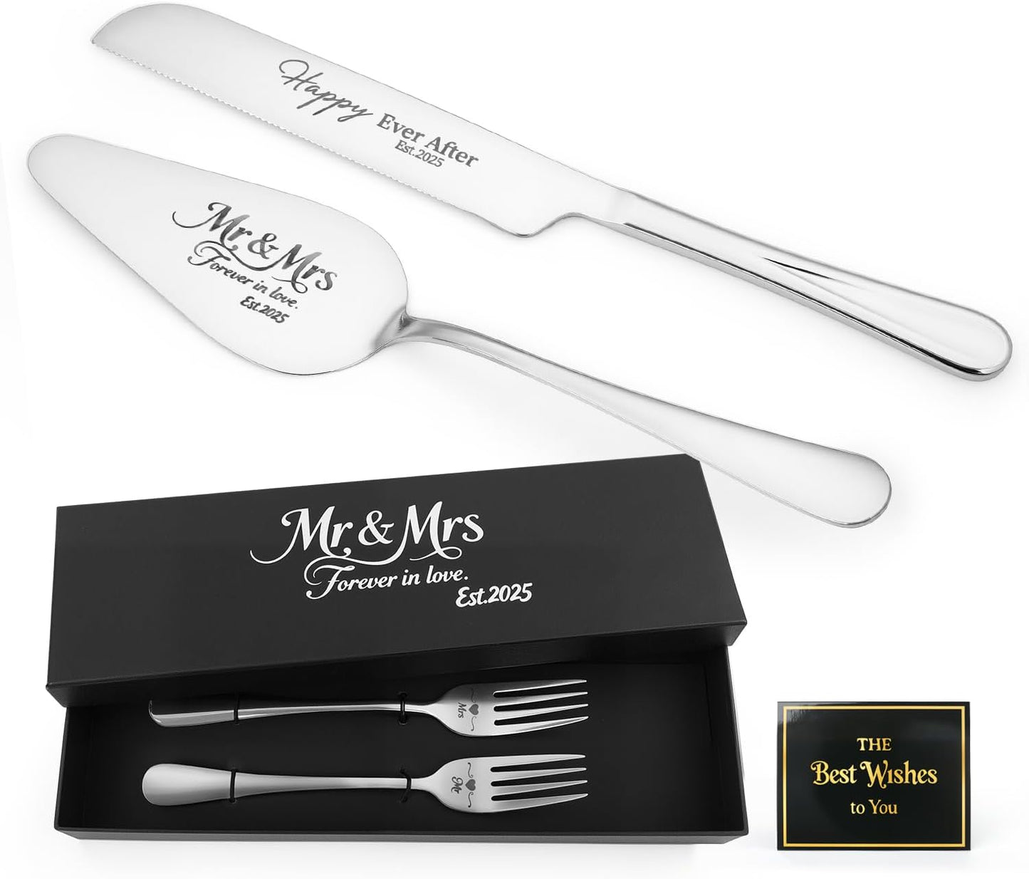 wedding cake knife and server set,Silver wedding cake knife and server set 2025,4Pcs Set with Forks for Engagements, Anniversary Bridal Shower Christmas Gifts.